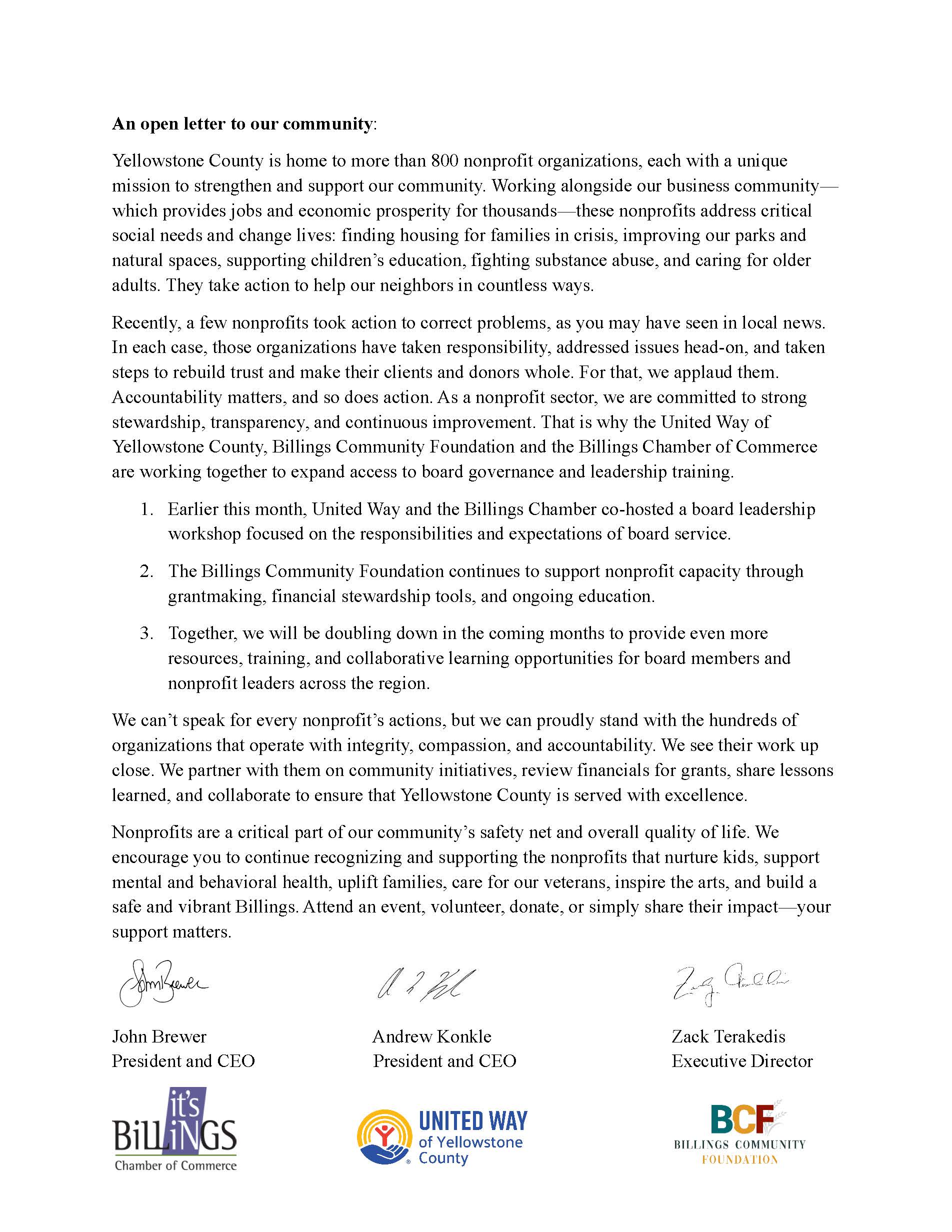 A letter from United Way, the Billings Chamber, and BCF expressing support for local nonprofits