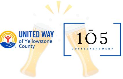 The UWYC logo and 105 brewing logo are overlayed on top of a pair of pint glasses
