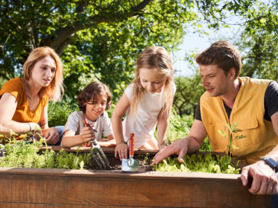 Two kids and two adults planting